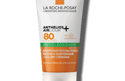 Protetor solar facial Anthelios Airlicium FPS80 sem cor, em embalagem branca e laranja