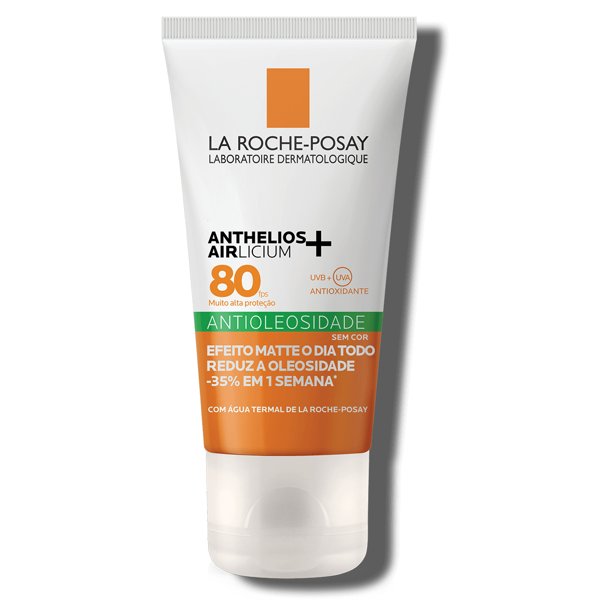 Protetor solar facial Anthelios Airlicium FPS80 sem cor, em embalagem branca e laranja