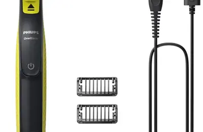 Aparador Philips OneBlade QP2724/10 com lâmina, dois pentes visíveis e cabo USB
