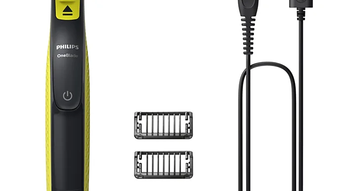 Aparador Philips OneBlade QP2724/10 com lâmina, dois pentes visíveis e cabo USB