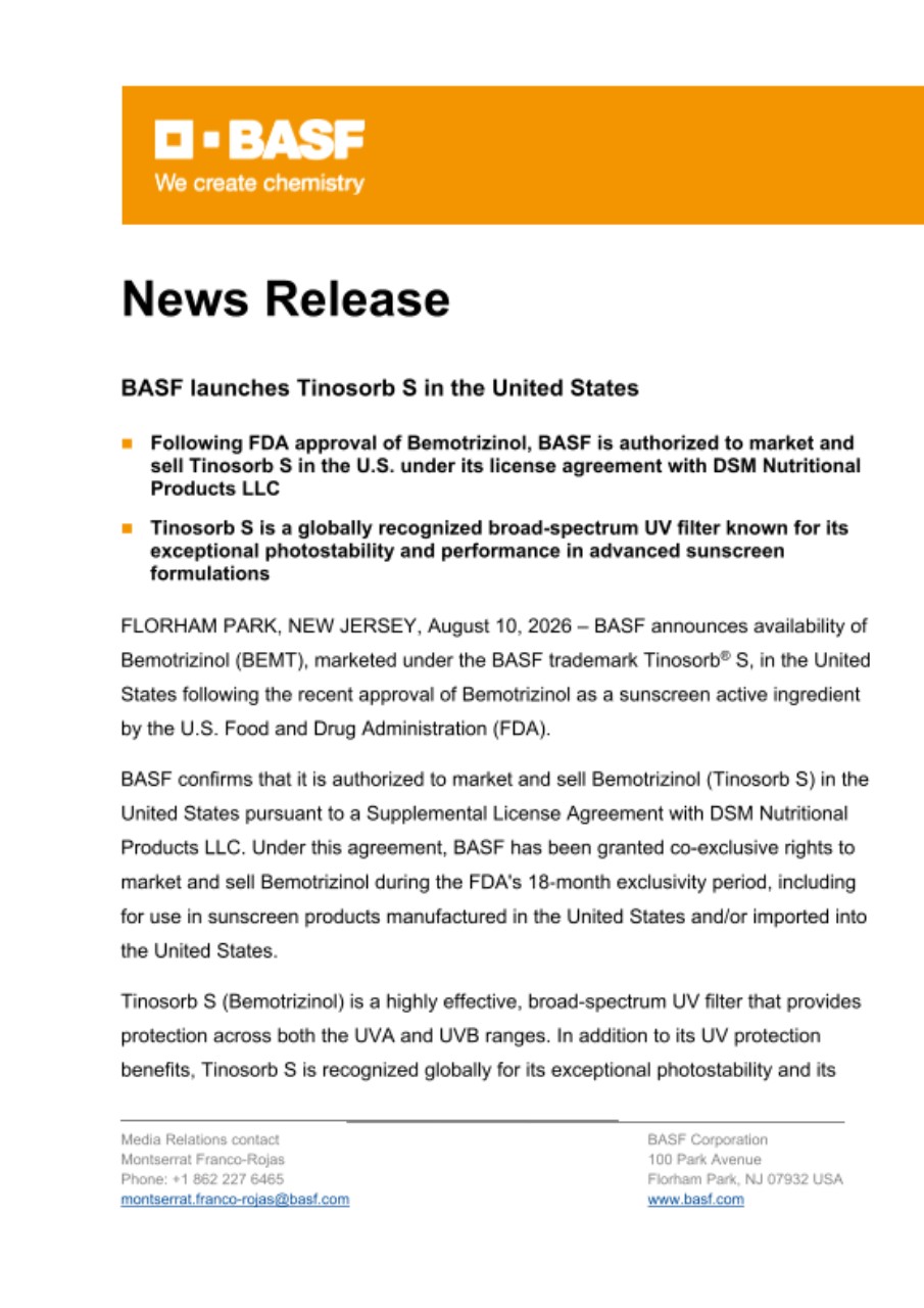 Prévia do comunicado da BASF sobre o lançamento do Tinosorb S nos Estados Unidos