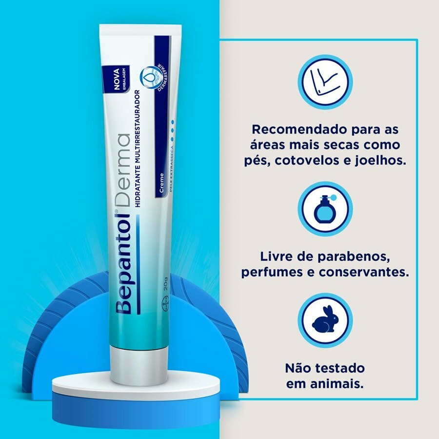 Bepantol Derma Creme Multirrestaurador 20g indicado na embalagem para áreas secas como pés, cotovelos e joelhos