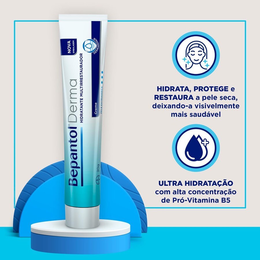 Bisnaga de 20g do Bepantol Derma Multirrestaurador com destaque para a pró-vitamina B5