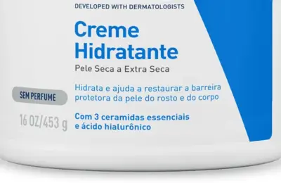 Imagem de detalhe do rótulo do CeraVe Creme Hidratante para pele seca a extra seca, com 453 g e ceramidas