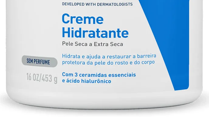 Imagem de detalhe do rótulo do CeraVe Creme Hidratante para pele seca a extra seca, com 453 g e ceramidas