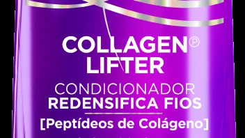 Close-up do rótulo do condicionador Elseve Collagen Lifter, com a indicação de condicionador Redensifica Fios.