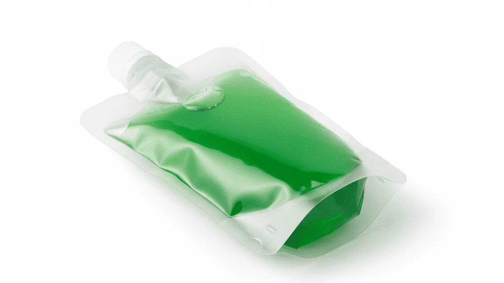 Detalhe de stand up pouch transparente com bico e tampa para produtos líquidos ou cremosos.