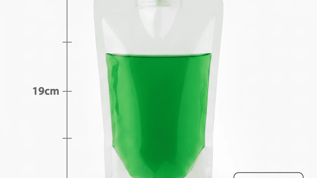 Stand up pouch transparente com bico e tampa, visto de frente.