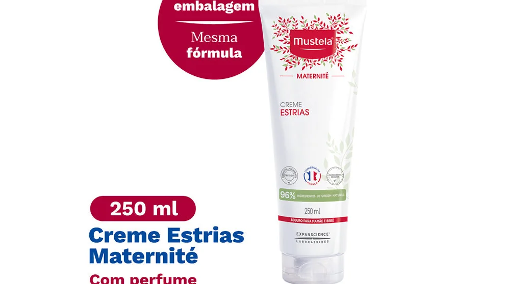 Embalagem do Creme Estrias Mustela Maternité 250 ml com informações da apresentação e fórmula