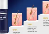 Embalagem de creme depilatório Tomiya Hair Removal Cream em fundo azul, com ilustrações do pelo