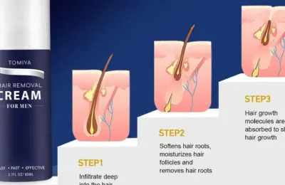 Embalagem de creme depilatório Tomiya Hair Removal Cream em fundo azul, com ilustrações do pelo