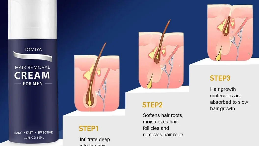Embalagem de creme depilatório Tomiya Hair Removal Cream em fundo azul, com ilustrações do pelo