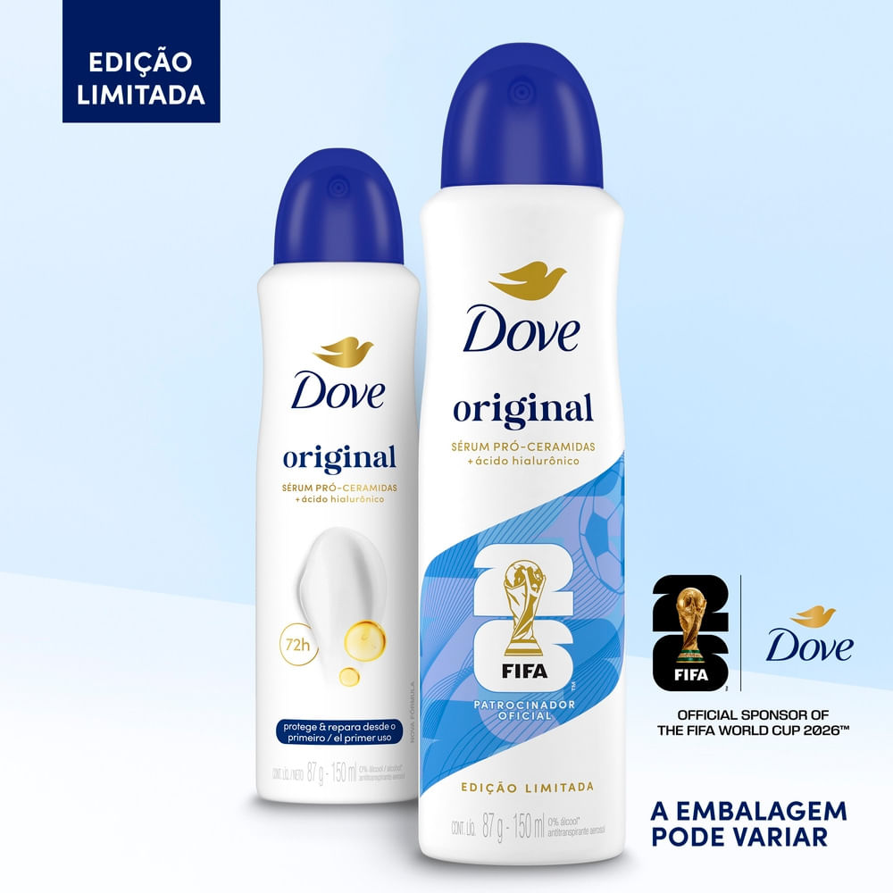 Duas embalagens do Dove Original antitranspirante aerosol 150 ml, edição limitada FIFA