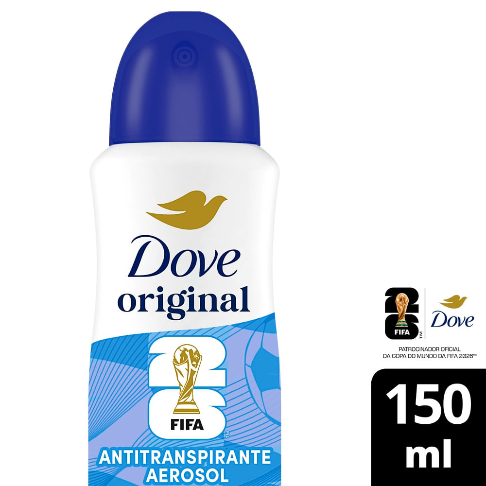 Detalhe da embalagem Dove Original antitranspirante aerosol 150 ml, edição limitada FIFA