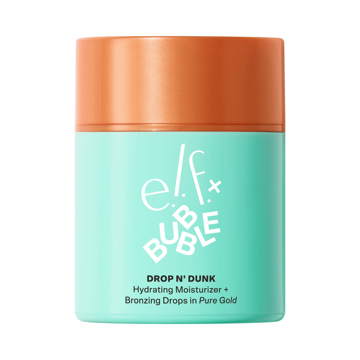 Embalagem do e.l.f. x Bubble Drop N’ Dunk Hydrating Moisturizer e Bronzing Drops na cor Pure Gold