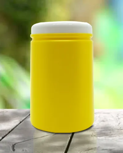 Pote plástico amarelo com tampa branca para produto cosmético