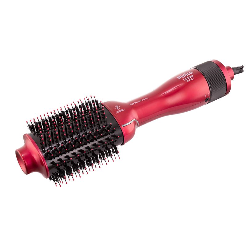 Detalhe da escova secadora Philco Soft Beauty Cherry PEC13 com cerdas e cabo