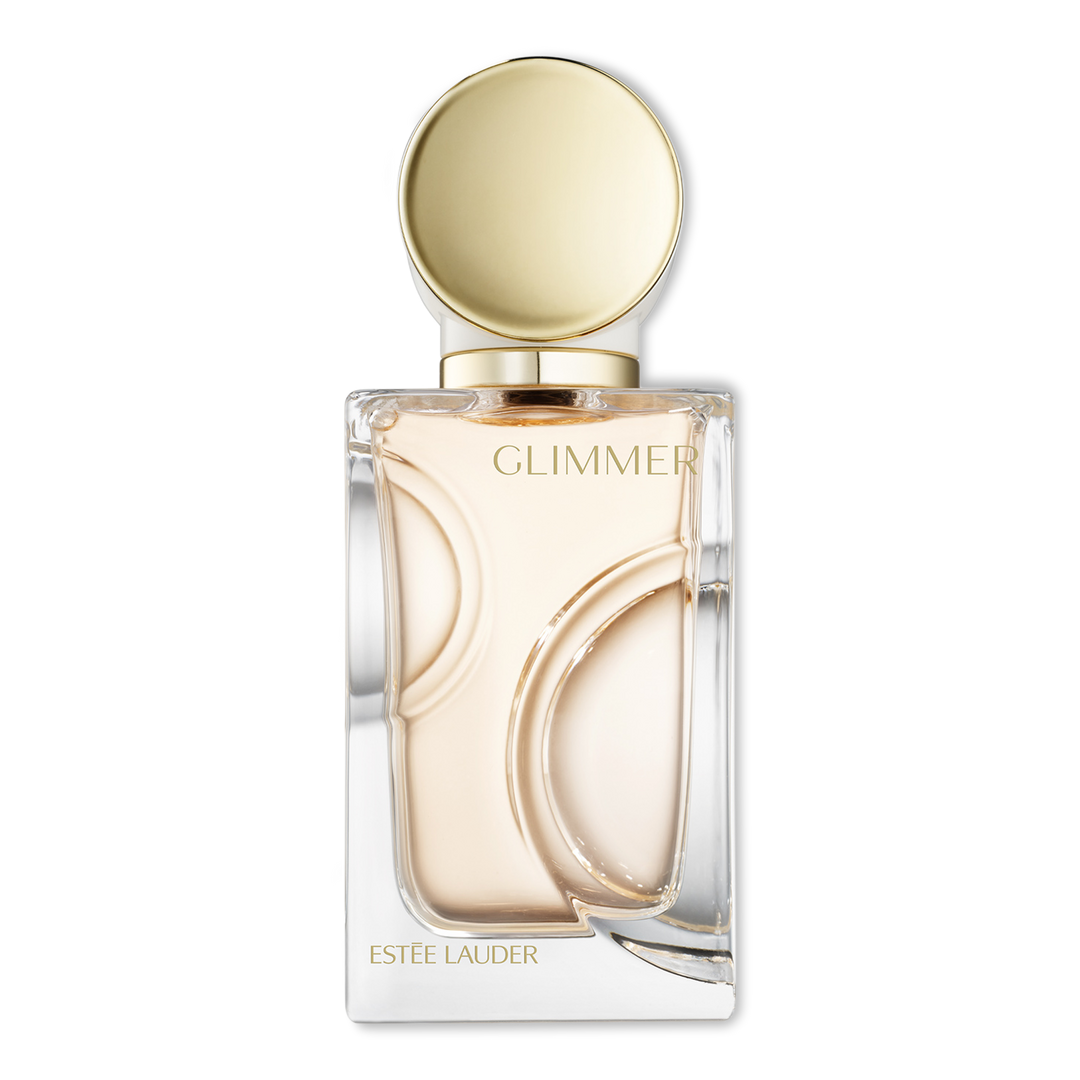Frasco do Estée Lauder Glimmer Eau de Parfum com tampa dourada e detalhes semicirculares.