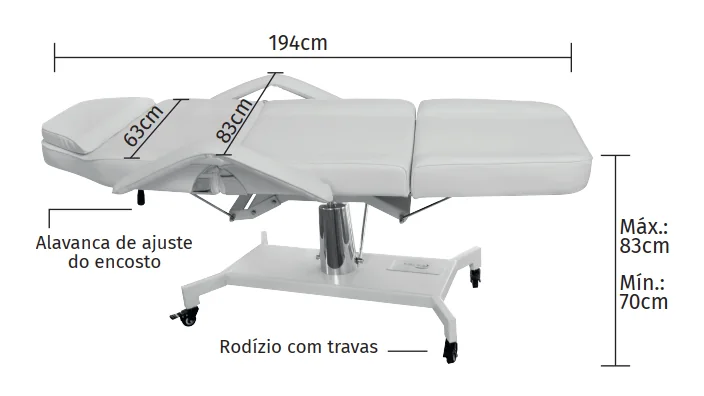 Maca estética Estek com medidas aproximadas de comprimento e altura e rodízios com travas