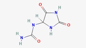 Estrutura química da alantoína em ilustração de linhas e átomos
