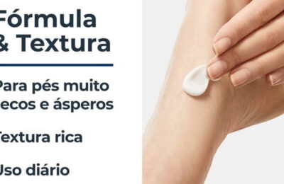 Imagem oficial da Eucerin sobre fórmula e textura do creme para pés, com aplicação ilustrativa em um pé