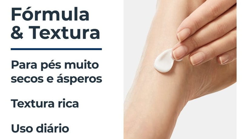 Imagem oficial da Eucerin sobre fórmula e textura do creme para pés, com aplicação ilustrativa em um pé