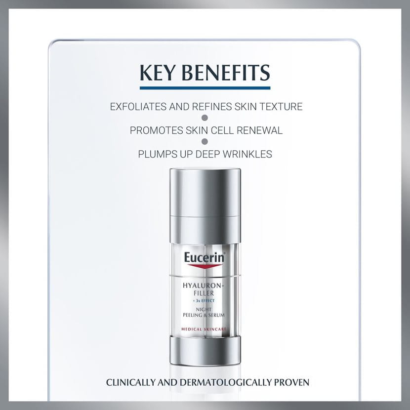 Imagem informativa do Eucerin Hyaluron-Filler Noite Sérum Efeito Peeling e seus benefícios declarados pelo fabricante