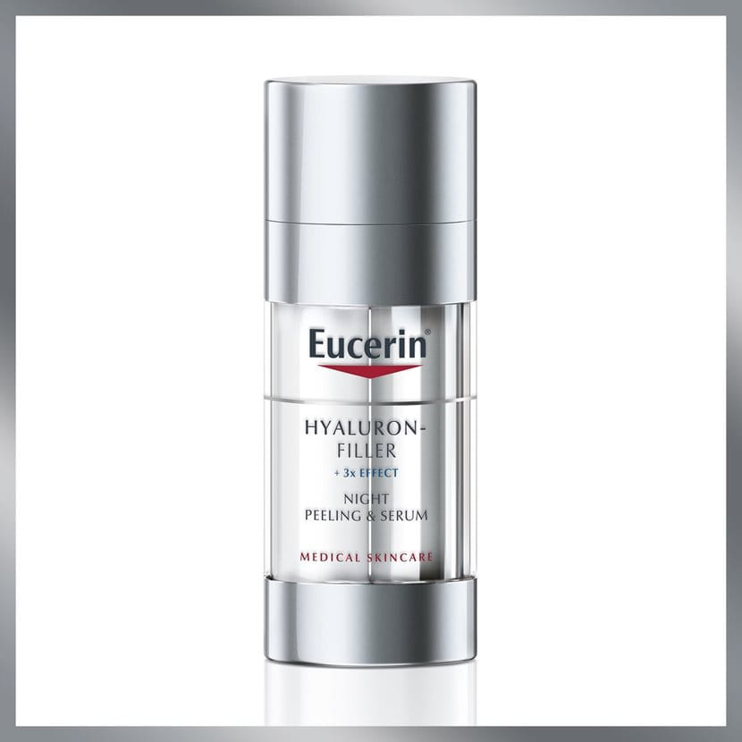 Frasco do Eucerin Hyaluron-Filler Noite Sérum Efeito Peeling 30 ml, com embalagem de duplo compartimento.