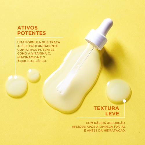 Conta-gotas e sérum Garnier Uniform & Matte sobre fundo amarelo com destaque para os ativos declarados