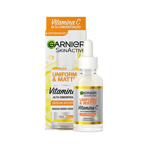 Embalagem e frasco do sérum Garnier Uniform & Matte com vitamina C em imagem oficial da marca
