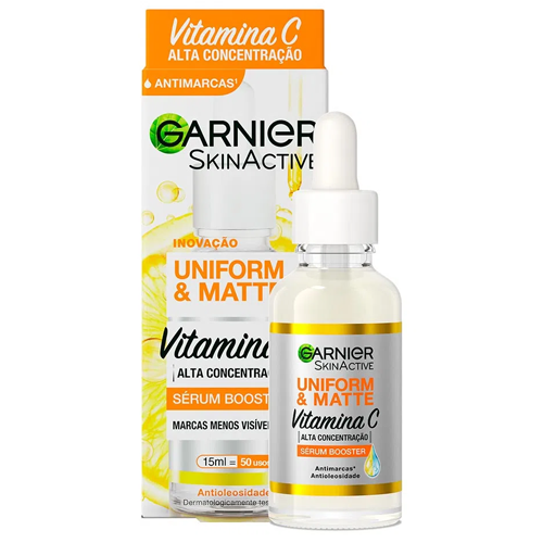 Frasco e caixa do sérum Garnier Uniform & Matte Vitamina C de 15 ml