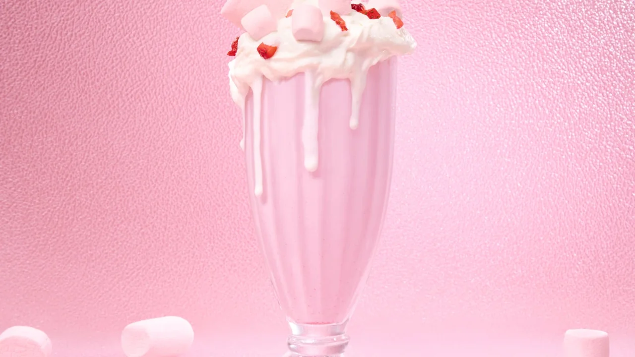 Milk-shake rosa com marshmallows, imagem ilustrativa da inspiração gourmand da coleção KAYALI Yum Boujee Marshmallow.