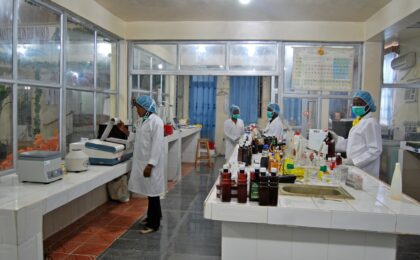 Profissionais trabalhando em laboratório de controle de qualidade com instrumentos e amostras