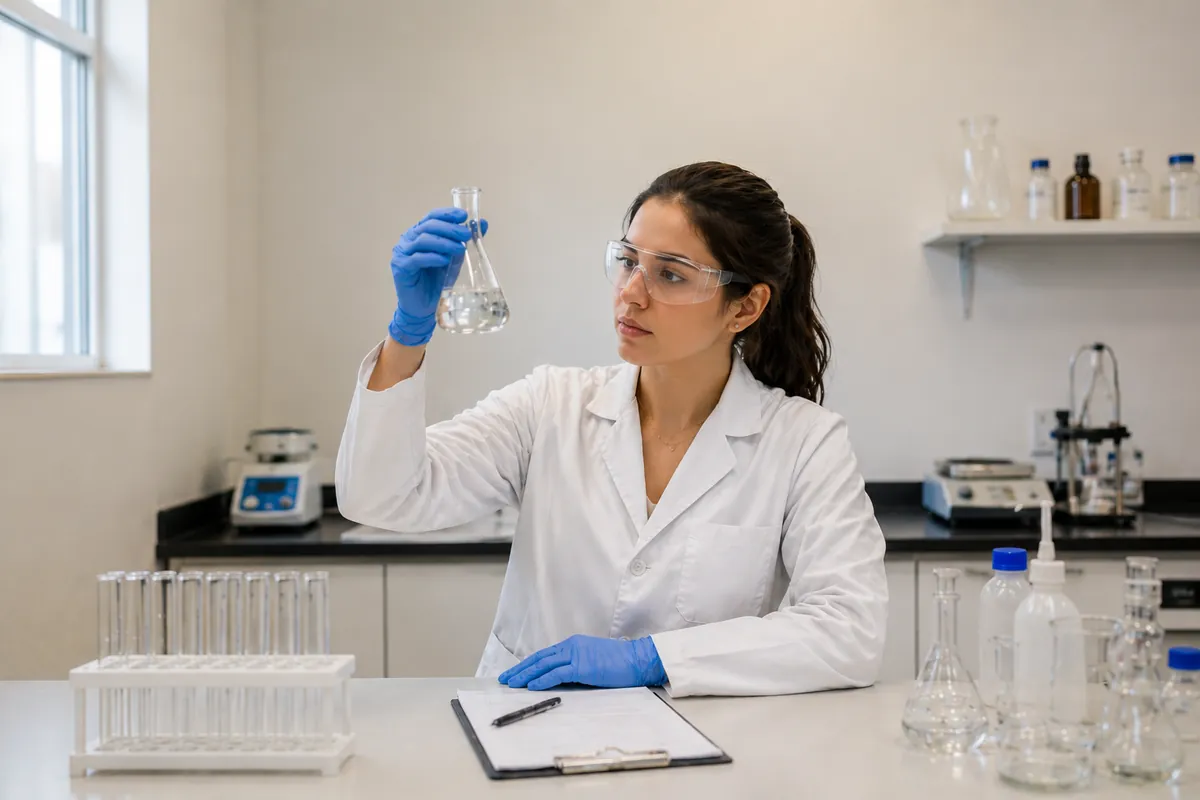 Profissional em laboratório avalia uma amostra durante o desenvolvimento de cosméticos
