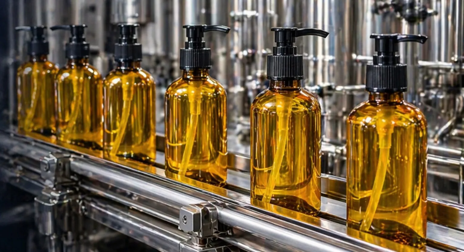 Frascos com válvula pump em uma linha de envase de cosméticos