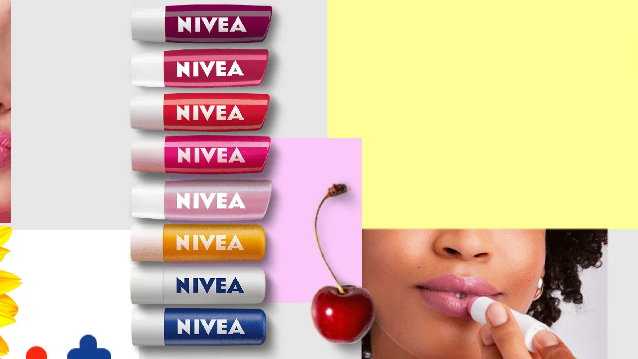 Vários hidratantes labiais NIVEA e aplicação de balm nos lábios.