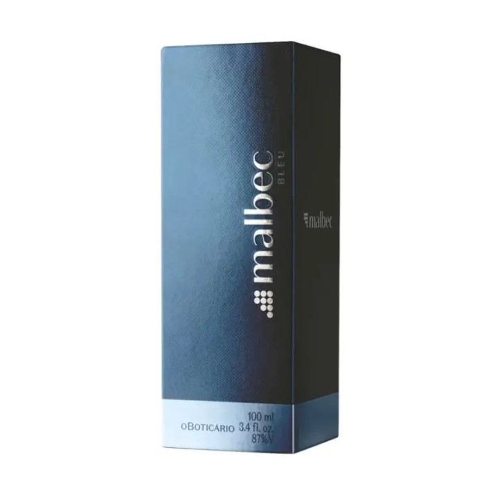 Caixa azul e preta do Malbec Bleu Desodorante Colônia 100 ml do O Boticário