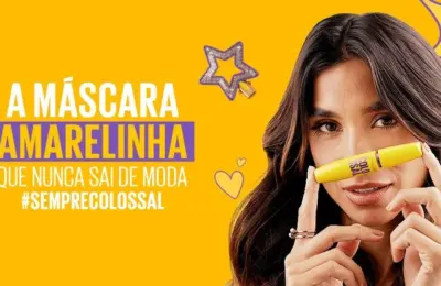 Banner oficial da máscara Maybelline The Colossal Lavável com modelo e embalagem amarela