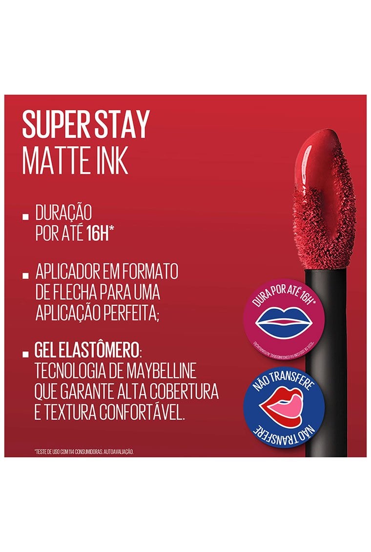 Aplicador do Maybelline SuperStay Matte Ink e alegações de duração e não transferência na arte oficial