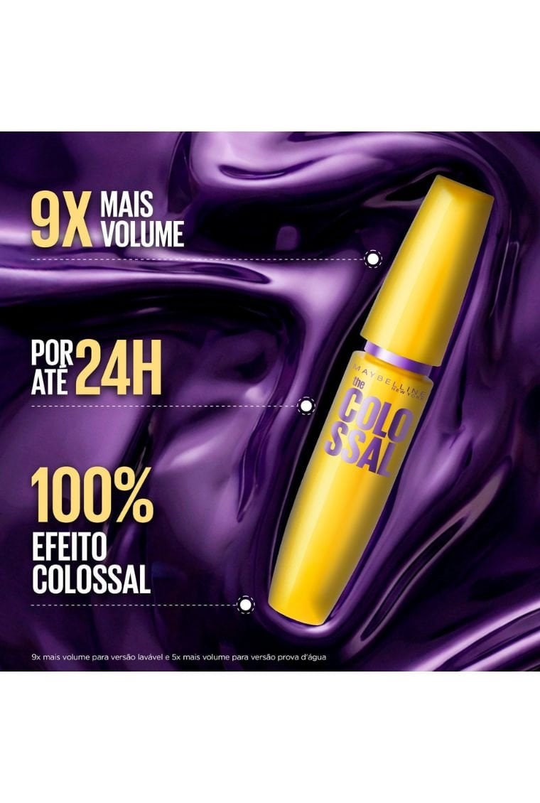Material promocional da máscara Maybelline The Colossal lavável com embalagem amarela
