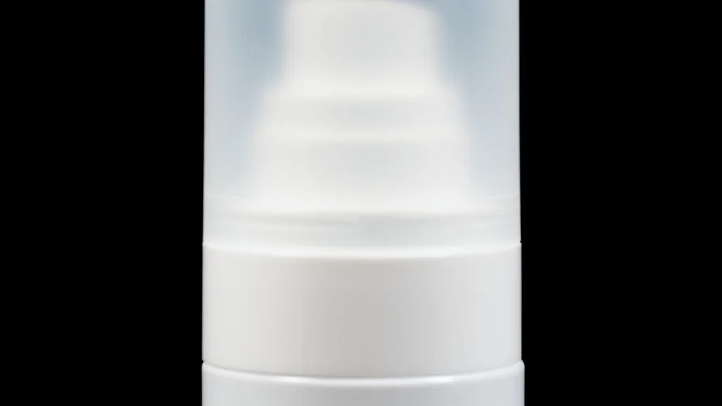 Close da válvula spray fine mist branca e do encaixe superior de uma embalagem cosmética