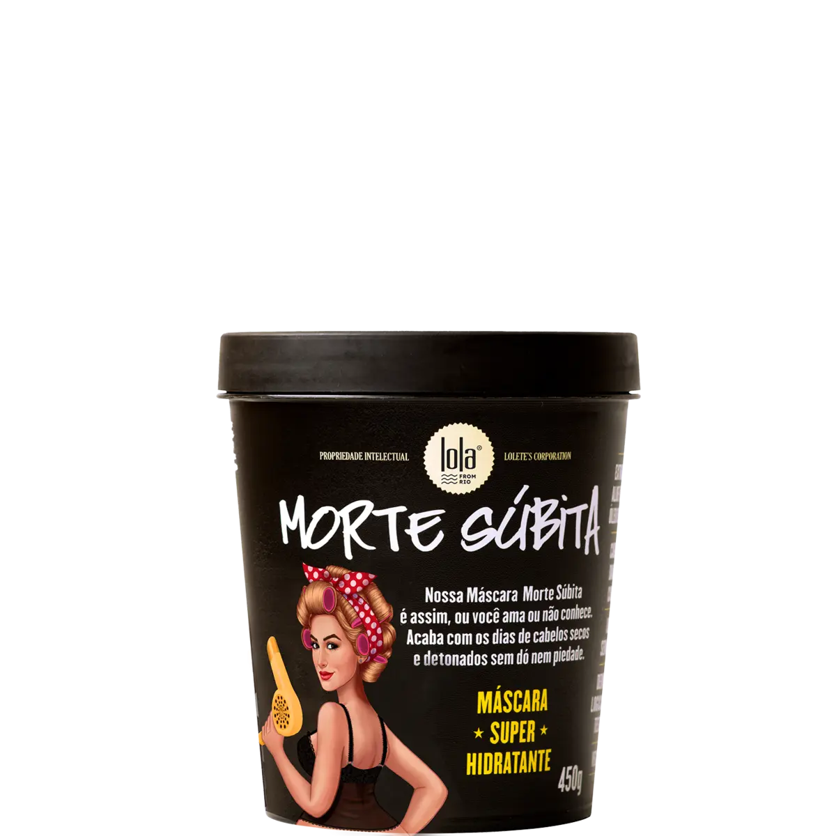 Máscara Lola Morte Súbita 450g fechada, com a embalagem preta e a ilustração frontal
