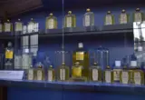 Mostruário com frascos de perfumes e cosméticos de formatos variados, destacando rótulos e embalagens.