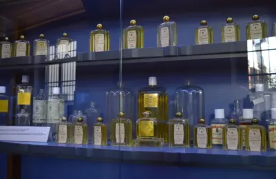 Mostruário com frascos de perfumes e cosméticos de formatos variados, destacando rótulos e embalagens.
