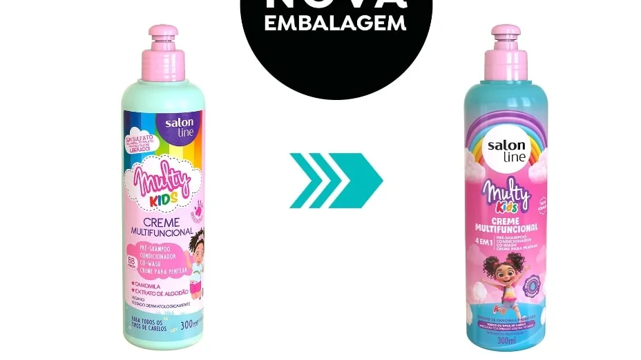 Comparativo visual das embalagens do Creme Multifuncional Multy Kids Salon Line 300 ml, com versões antiga e atual