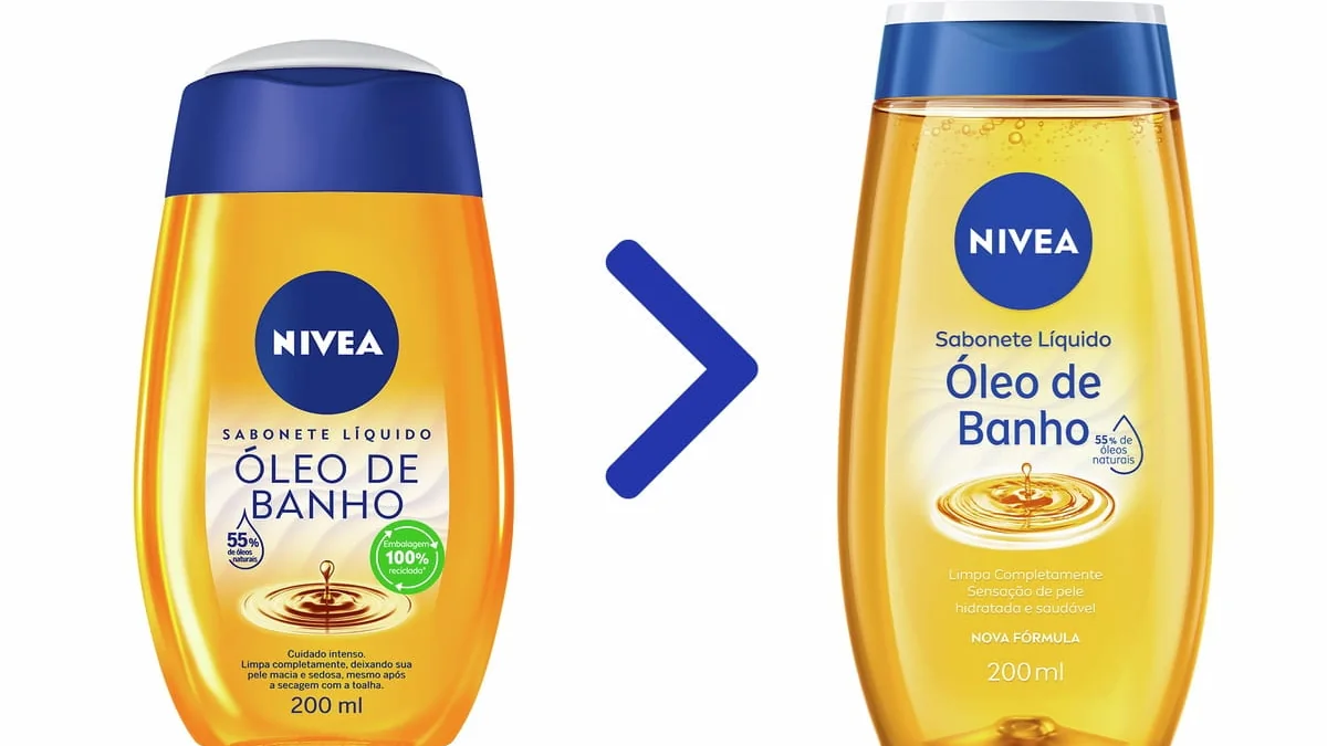 Imagem oficial mostra a embalagem antiga e a nova do NIVEA Sabonete Líquido Óleo de Banho 200 ml, ilustrando uma mudança de apresentação.