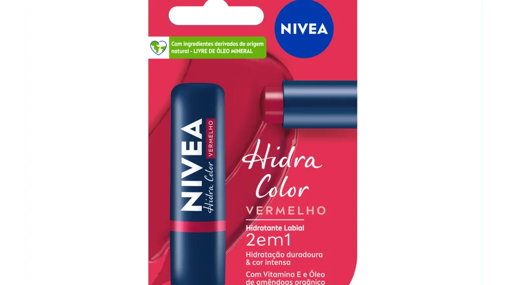 Embalagem do hidratante labial NIVEA Hidra Color Vermelho 4,8 g.