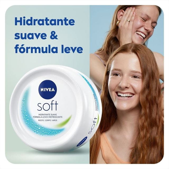 NIVEA Soft 100 ml com destaque para a textura leve e o uso no rosto e no corpo