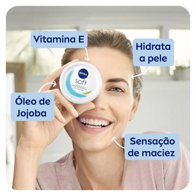 NIVEA Soft 100 ml apresentado com referências visuais à vitamina E e ao óleo de jojoba