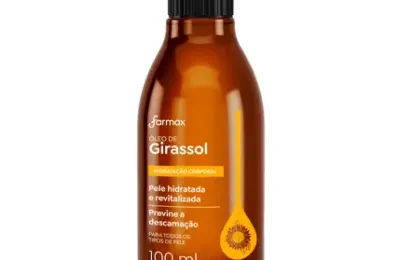 Embalagem do Óleo Corporal de Girassol Farmax 100 ml, frasco âmbar com tampa preta